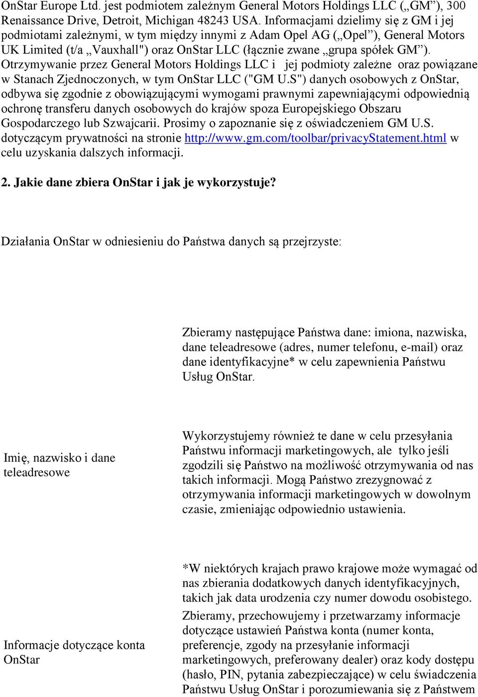 Otrzymywanie przez General Motors Holdings LLC i jej podmioty zależne oraz powiązane w Stanach Zjednoczonych, w tym OnStar LLC ("GM U.