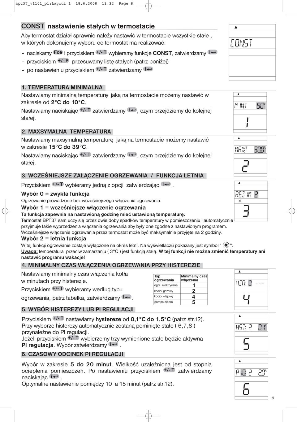 - naciskamy Fce i przyciskiem +/- T wybieramy funkcje CONST, zatwierdzamy i - przyciskiem +/- P przesuwamy listę stałych (patrz poniżej) - po nastawieniu przyciskiem +/- T zatwierdzamy i 1.