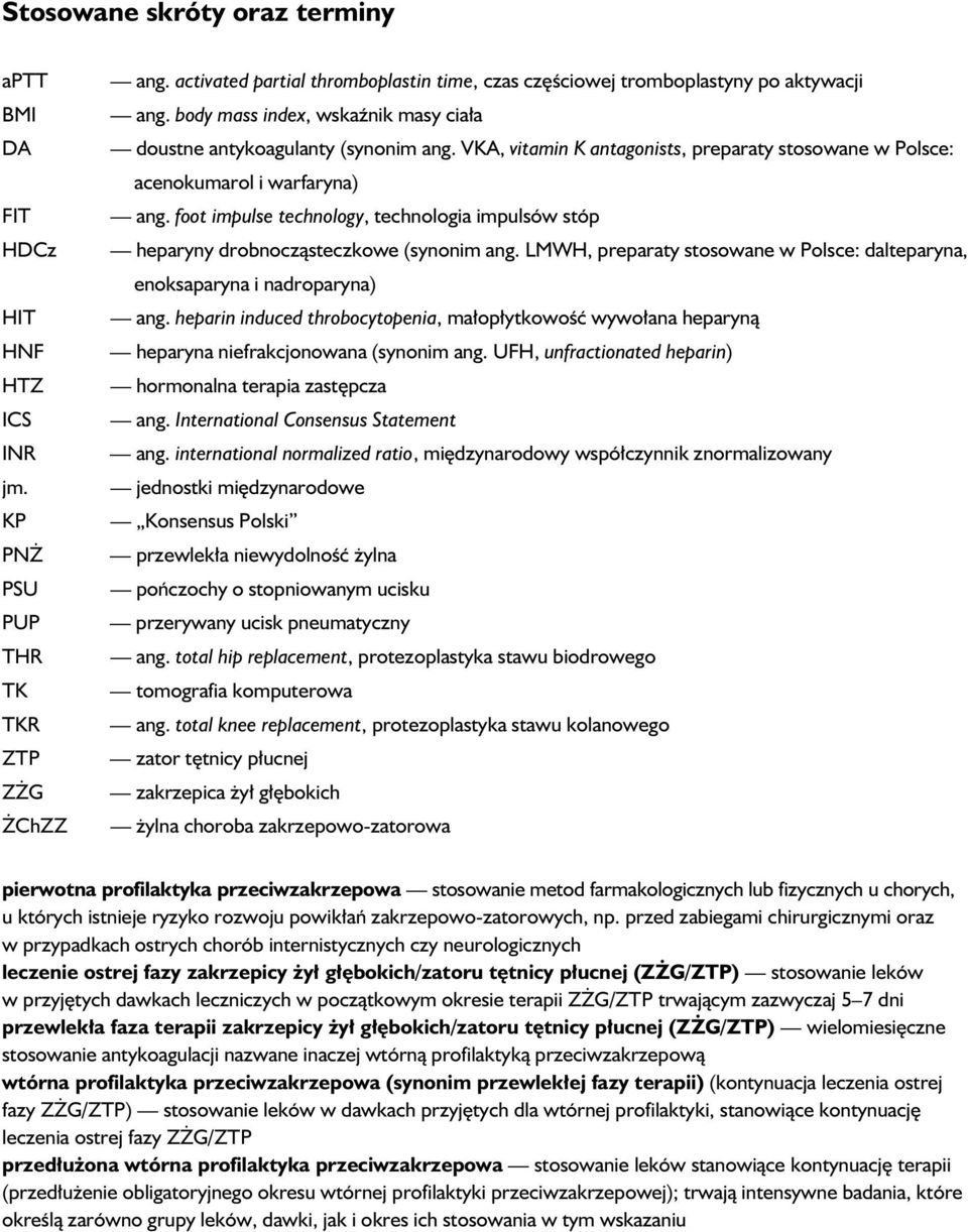 VKA, vitamin K antagonists, preparaty stosowane w Polsce: acenokumarol i warfaryna) ang. foot impulse technology, technologia impulsów stóp heparyny drobnocząsteczkowe (synonim ang.