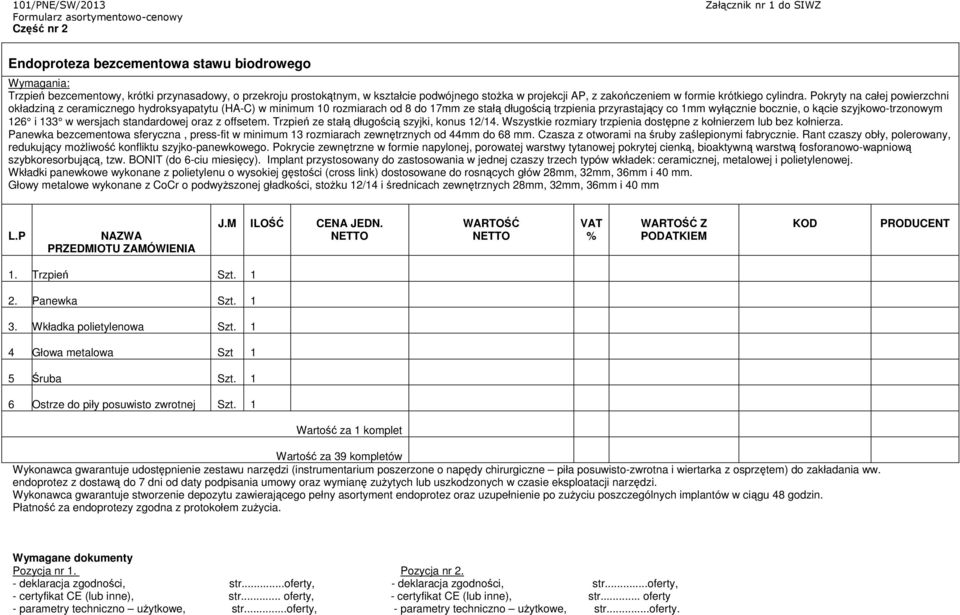 Pokryty na całej powierzchni okładziną z ceramicznego hydroksyapatytu (HA-C) w minimum 10 rozmiarach od 8 do 17mm ze stałą długością trzpienia przyrastający co 1mm wyłącznie bocznie, o kącie
