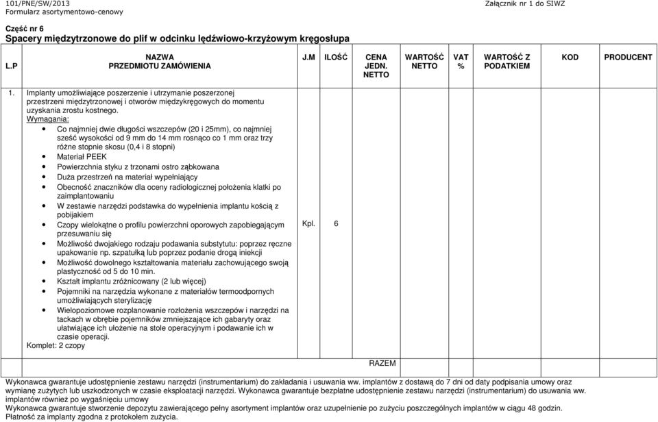 Wymagania: Co najmniej dwie długości wszczepów (20 i 25mm), co najmniej sześć wysokości od 9 mm do 14 mm rosnąco co 1 mm oraz trzy różne stopnie skosu (0,4 i 8 stopni) Materiał PEEK Powierzchnia