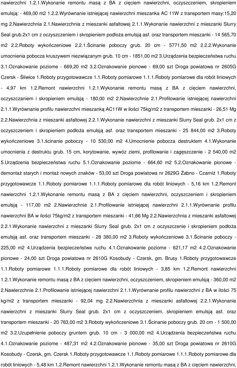 oraz transportem mieszanki - 14 565,70 m2 2.2.Roboty wykończeniowe 2.2.1.Ścinanie poboczy grub. 20 cm - 5771,50 m2 2.2.2.Wykonanie umocnienia pobocza kruszywem niezwiązanym grub. 10 cm - 1851,00 m2 3.