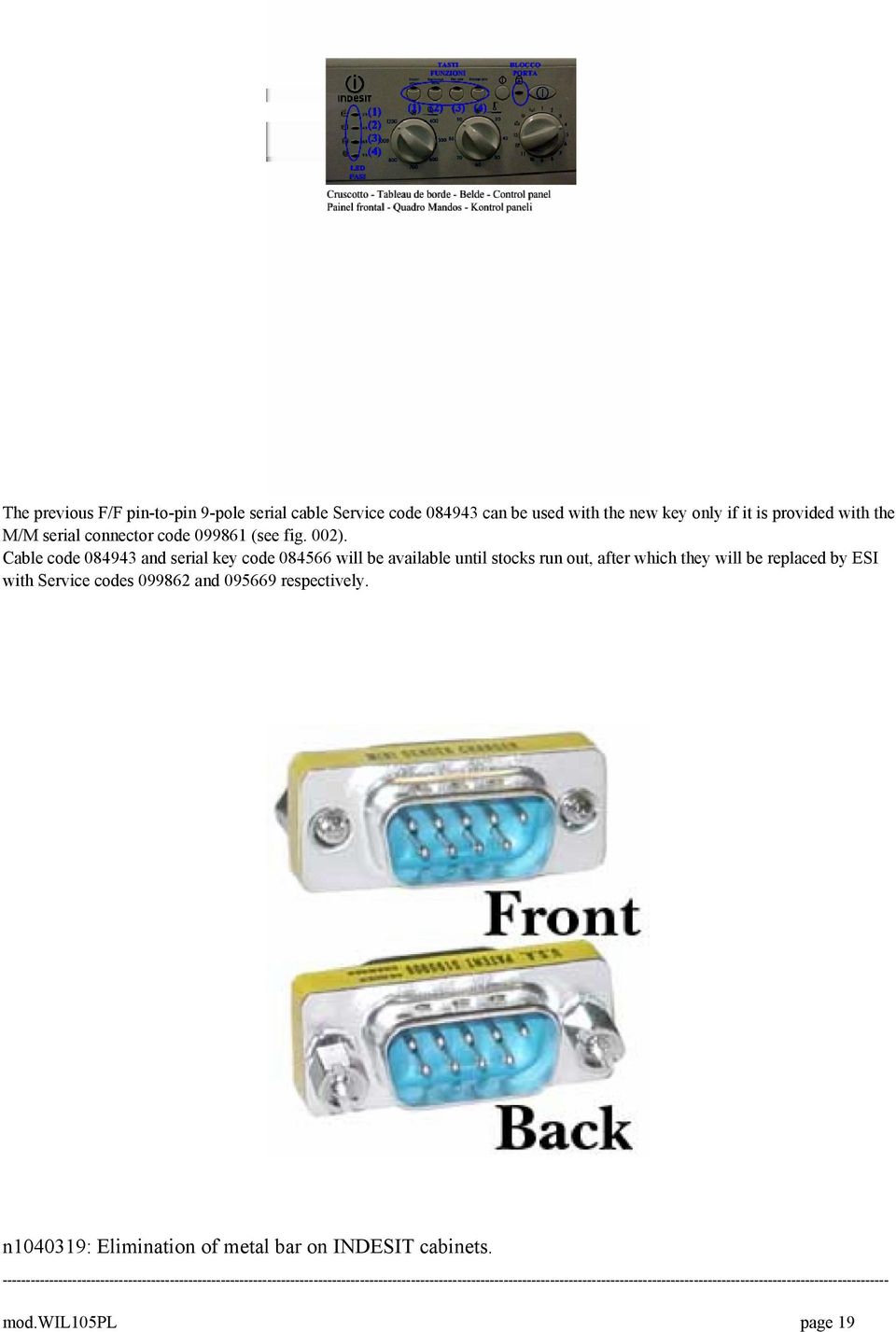 Cable code 084943 and serial key code 084566 will be available until stocks run out, after which they will be replaced by ESI with Service codes 099862 and