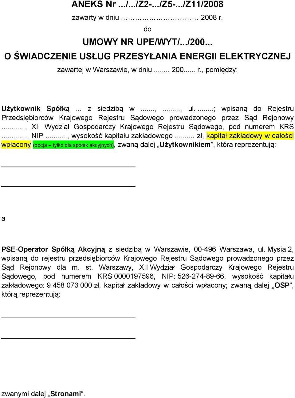 .., NIP..., wysokość kapitału zakładowego.