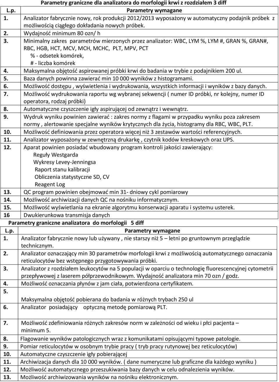 Minimalny zakres parametrów mierzonych przez analizator: WBC, LYM %, LYM #, GRAN %, GRAN#, RBC, HGB, HCT, MCV, MCH, MCHC, PLT, MPV, PCT % - odsetek komórek, # - liczba komórek 4.