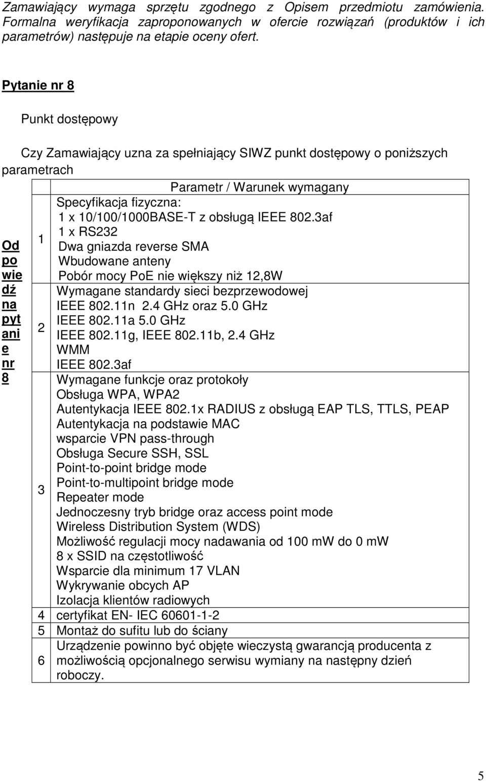 0 GHz IEEE 802.11g, IEEE 802.11b, 2.4 GHz WMM IEEE 802.3af Wymagane funkcje oraz protokoły Obsługa WPA, WPA2 Autentykacja IEEE 802.