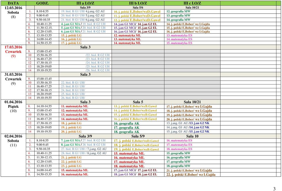 geografia MW 4. 10.40-11.25 4. j.an G1 MA / 19. biol. R G2 UH 14. j.an G1 MCi/ 14. j.an G2 EL 14. j. polski E.Bober/ wz LGajda 5. 11.30-12.15. 5. j.an G1 MA / 20. biol. R G2 UH 15. j.an G1 MCi/ 15. j.an G2 EL 15.