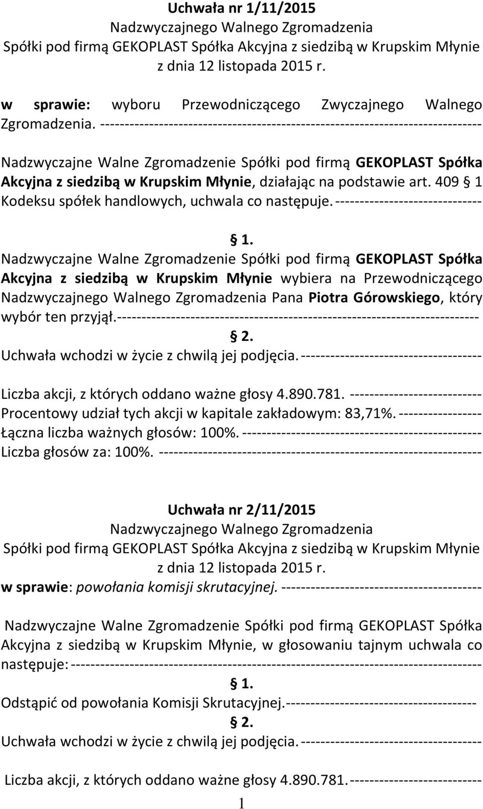 ------------------------------ Akcyjna z siedzibą w Krupskim Młynie wybiera na Przewodniczącego Pana Piotra Górowskiego, który wybór ten przyjął.