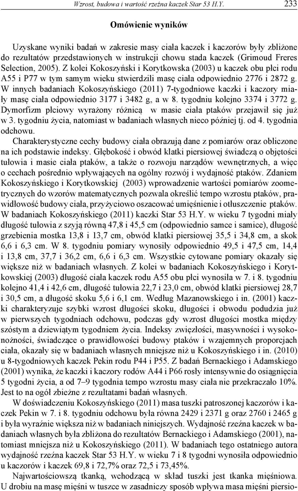 Z kolei Kokoszyński i Korytkowska (2003) u kaczek obu płci rodu A55 i P77 w tym samym wieku stwierdzili masę ciała odpowiednio 2776 i 2872 g.