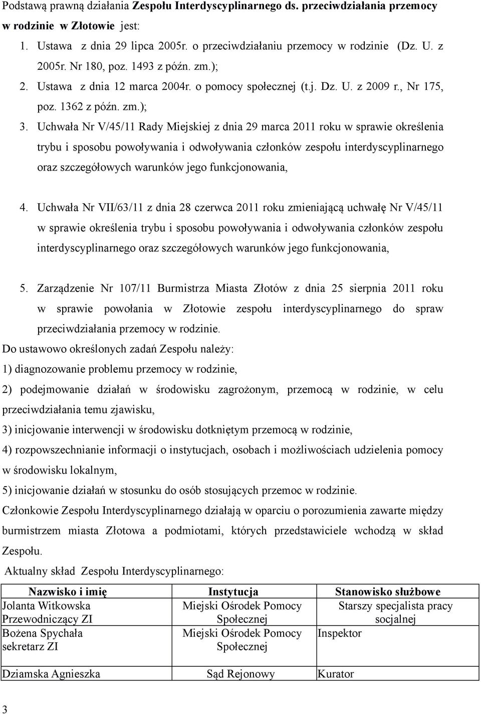 Uchwała Nr V/45/11 Rady Miejskiej z dnia 29 marca 2011 roku w sprawie określenia trybu i sposobu powoływania i odwoływania członków zespołu interdyscyplinarnego oraz szczegółowych warunków jego