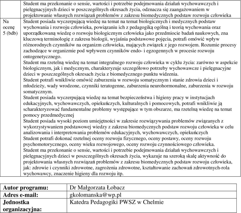 powiązaniu ich z pedagogiką ogólną i teorią wychowania oraz uporządkowaną wiedzę o rozwoju biologicznym człowieka jako przedmiocie badań naukowych, zna kluczową terminologię z zakresu biologii,