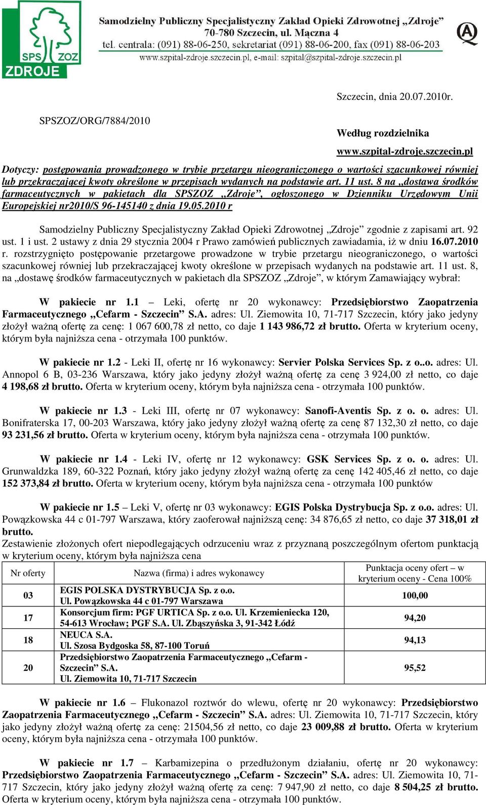 8 na dostawa środków farmaceutycznych w pakietach dla SPSZOZ Zdroje, ogłoszonego w Dzienniku Urzędowym Unii Europejskiej nr10/s 96-145140 z dnia.05.