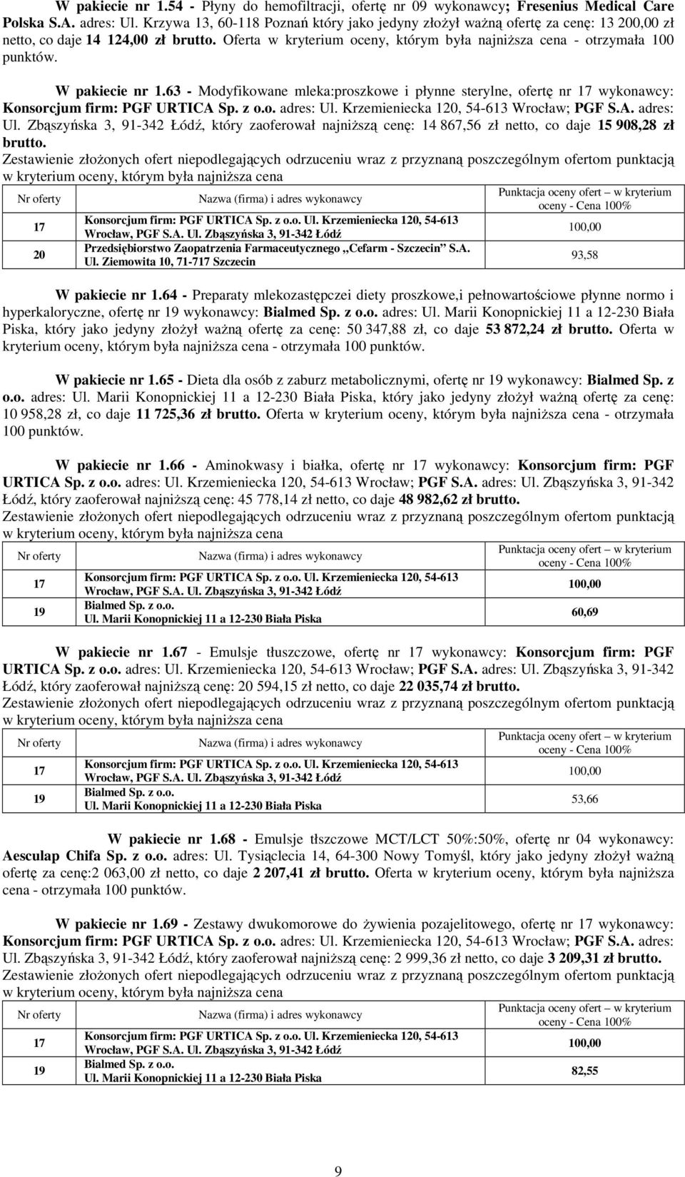 63 - Modyfikowane mleka:proszkowe i płynne sterylne, ofertę nr wykonawcy: Konsorcjum firm: PGF URTICA Sp. z o.o. adres: Ul.