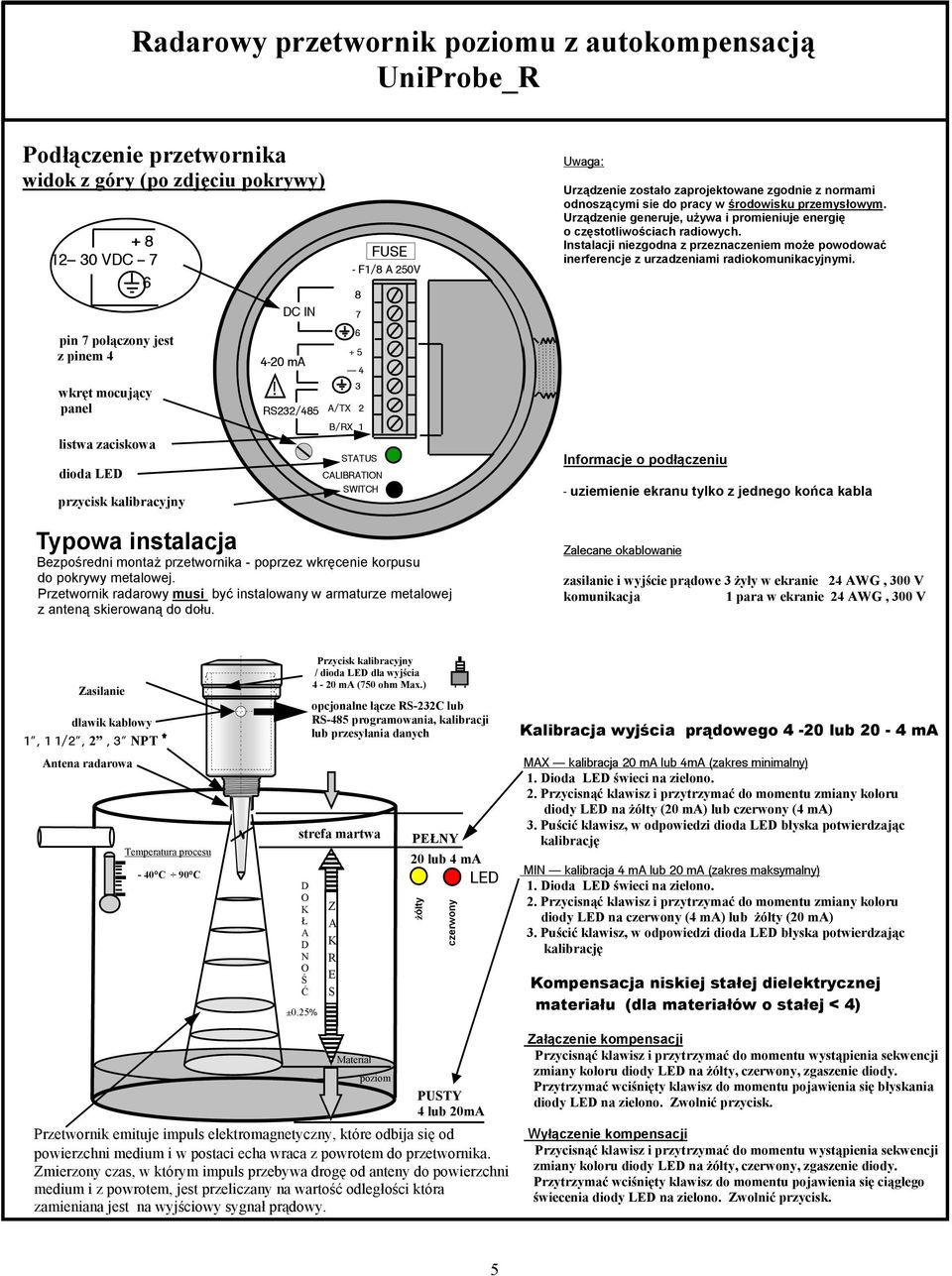 ! DC IN RS22/485 8 A/TX 2 B/RX 1 FUSE - F1/8 A 250V 7 + 5 4 STATUS CALIBRATION SWITCH Uwaga: Urządzenie zostało zaprojektowane zgodnie z normami odnoszącymi sie do pracy w środowisku przemysłowym.