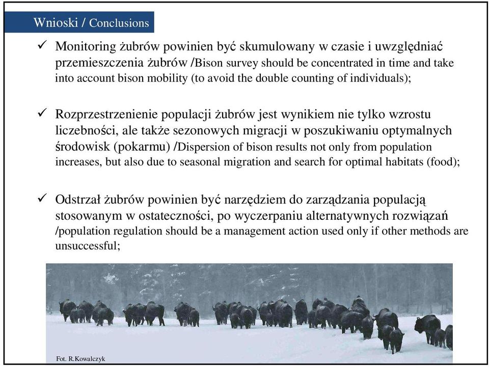 (pokarmu) /Dispersion of bison results not only from population increases, but also due to seasonal migration and search for optimal habitats (food); Odstrzałżubrów powinien być narzędziem do