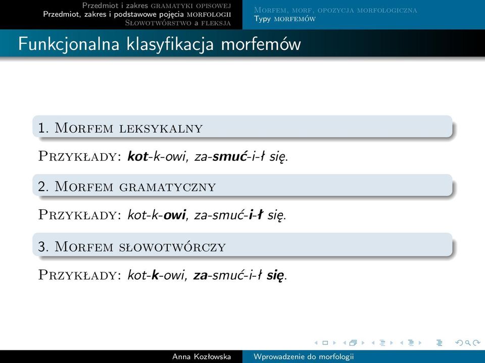 Morfem leksykalny Przykłady: kot-k-owi, za-smuć-i-ł się. 2.