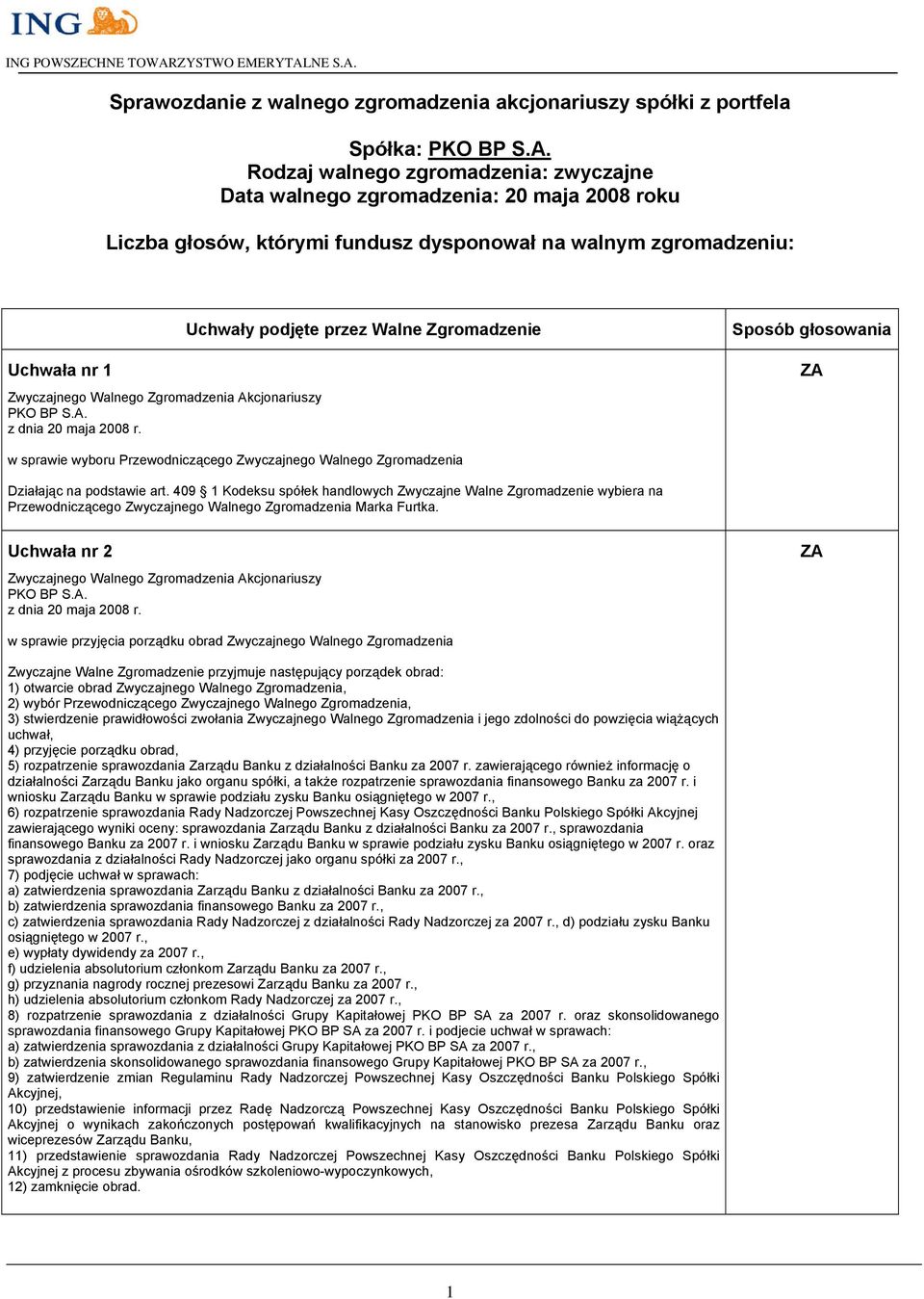 art. 409 Kodeksu spółek handlowych Zwyczajne Walne Zgromadzenie wybiera na Przewodniczącego Zwyczajnego Walnego Zgromadzenia Marka Furtka.