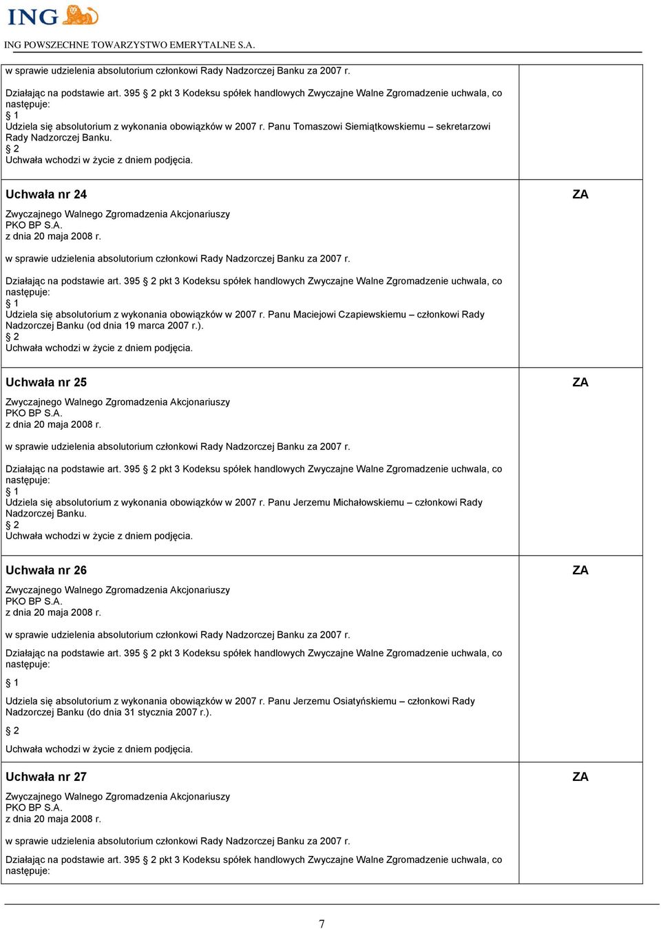 Uchwała nr 25  Panu Jerzemu Michałowskiemu członkowi Rady Nadzorczej Banku. Uchwała nr 26  Panu Jerzemu Osiatyńskiemu członkowi Rady Nadzorczej Banku (do dnia 31 stycznia 2007 r.).