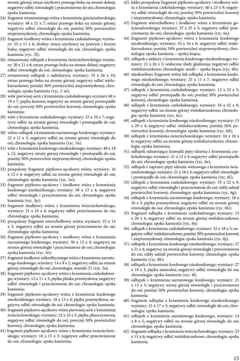 środkowy wióra z krzemienia czekoladowego; wymiary: 55 x 11 x 6; drobny retusz użytkowy na prawym i lewym boku; negatywy odbić równoległe do osi; chronologia: epoka kamienia (ryc.