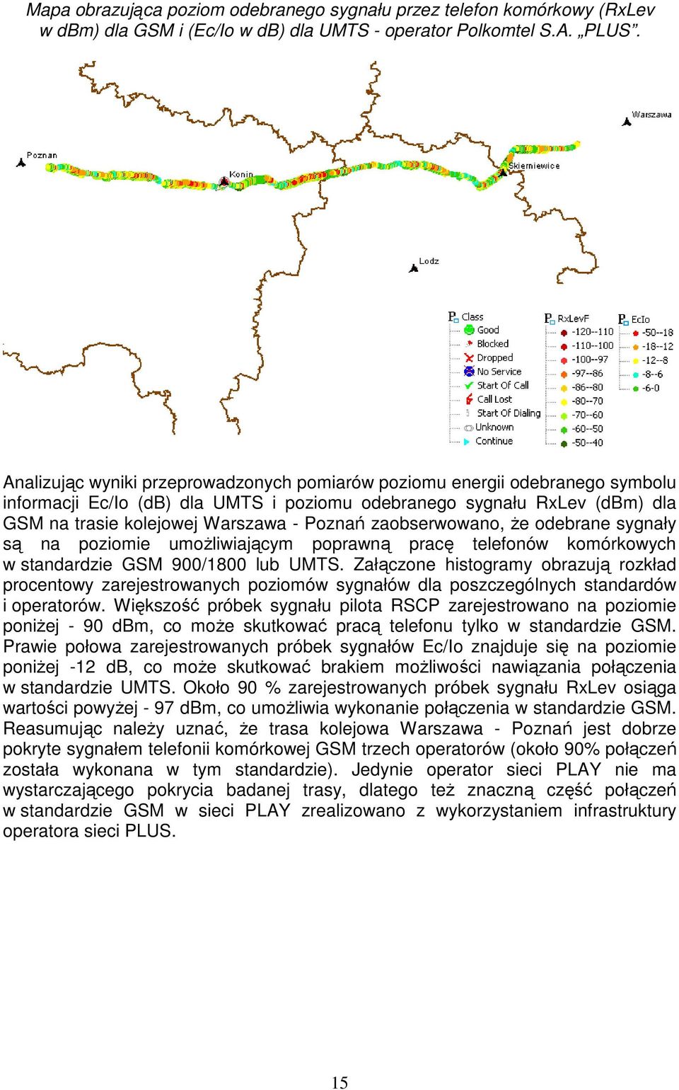 zaobserwowano, Ŝe odebrane sygnały są na poziomie umoŝliwiającym poprawną pracę telefonów komórkowych w standardzie GSM 900/1800 lub UMTS.