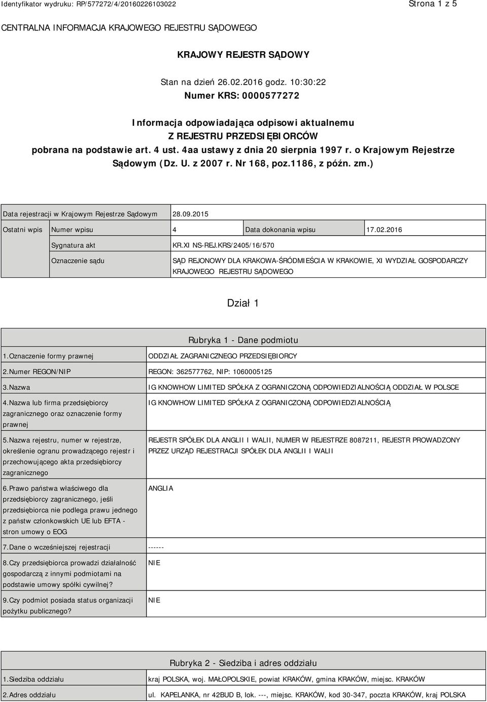 o Krajowym Rejestrze Sądowym (Dz. U. z 2007 r. Nr 168, poz.1186, z późn. zm.) Data rejestracji w Krajowym Rejestrze Sądowym 28.09.2015 Ostatni wpis Numer wpisu 4 Data dokonania wpisu 17.02.