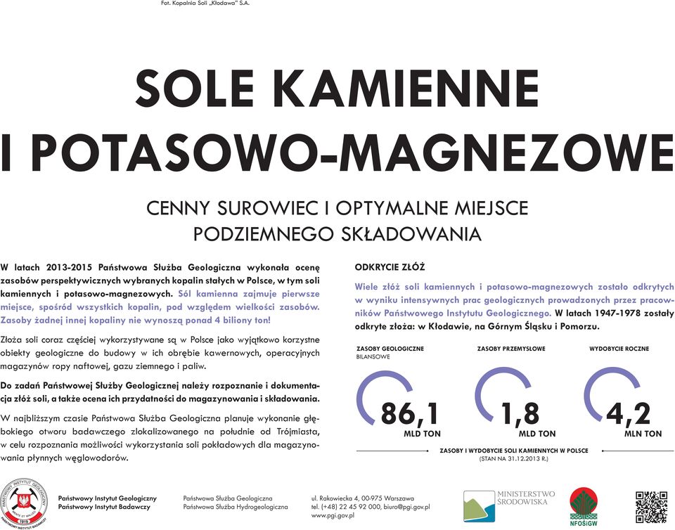 soli kamiennych i potasowo-magnezowych. Sól kamienna zajmuje pierwsze miejsce, spośród wszystkich kopalin, pod względem wielkości zasobów. Zasoby żadnej innej kopaliny nie wynoszą ponad 4 biliony ton!