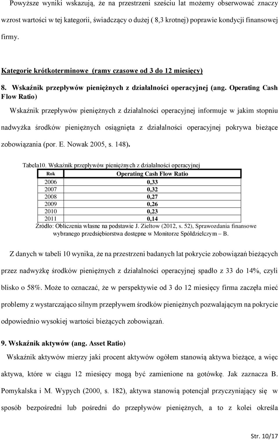 Operating Cash Flow Ratio) Wskaźnik przepływów pieniężnych z działalności operacyjnej informuje w jakim stopniu nadwyżka środków pieniężnych osiągnięta z działalności operacyjnej pokrywa bieżące