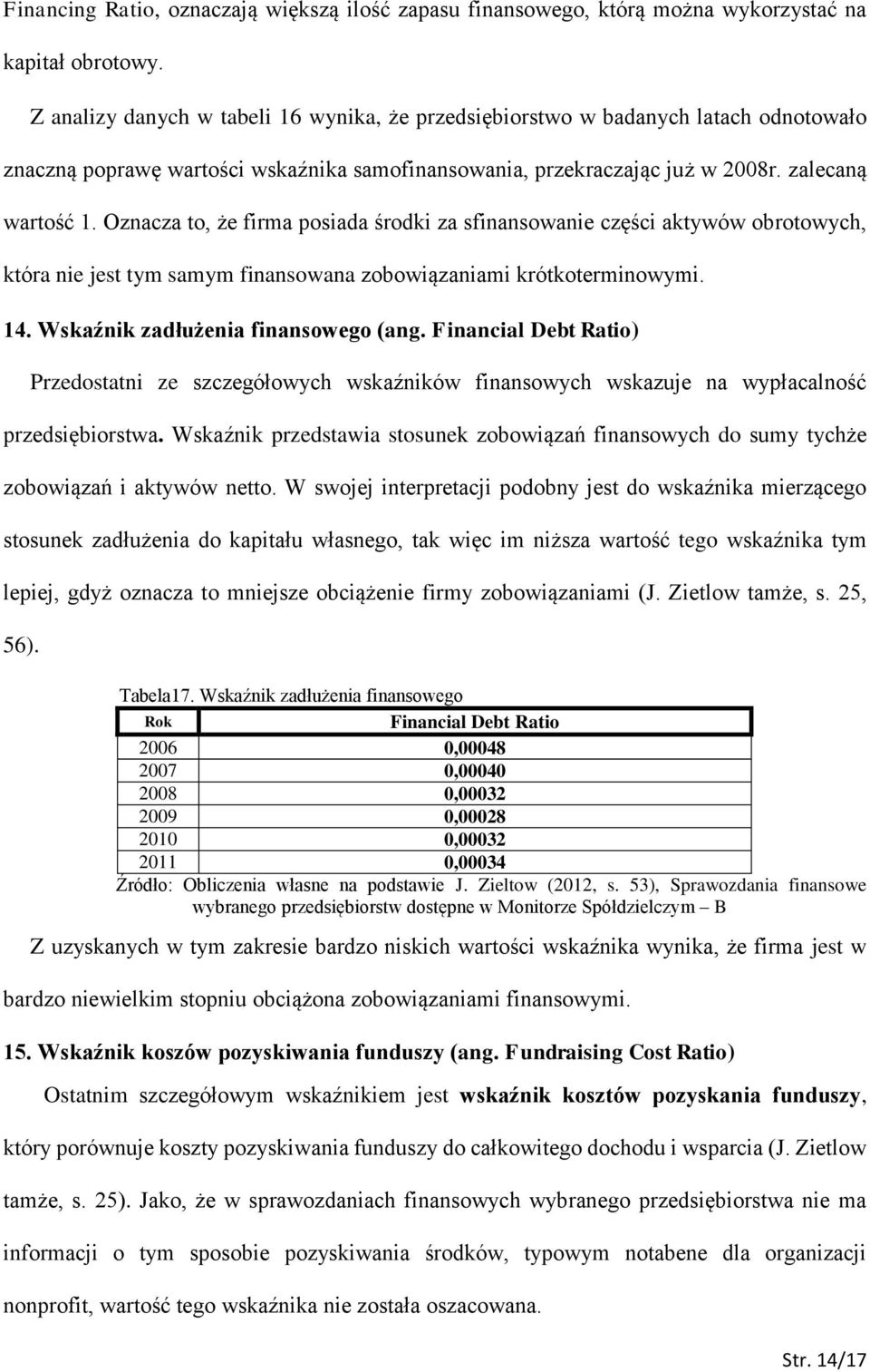 Oznacza to, że firma posiada środki za sfinansowanie części aktywów obrotowych, która nie jest tym samym finansowana zobowiązaniami krótkoterminowymi. 14. Wskaźnik zadłużenia finansowego (ang.