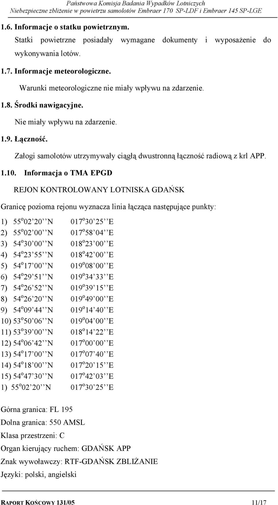 1.10. Informacja o TMA EPGD REJON KONTROLOWANY LOTNISKA GDAŃSK Granicę pozioma rejonu wyznacza linia łącząca następujące punkty: 1) 55 o 02 20 N 017 o 30 25 E 2) 55 o 02 00 N 017 o 58 04 E 3) 54 o 30