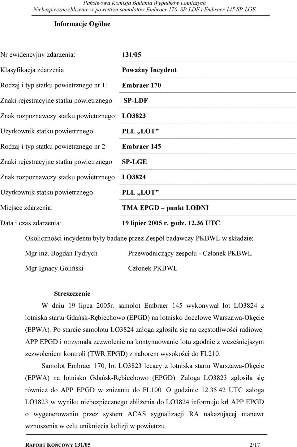 powietrznego Użytkownik statku powietrznego Miejsce zdarzenia: Data i czas zdarzenia: SP-LGE LO3824 PLL LOT TMA EPGD punkt LODNI 19 lipiec 2005 r. godz. 12.