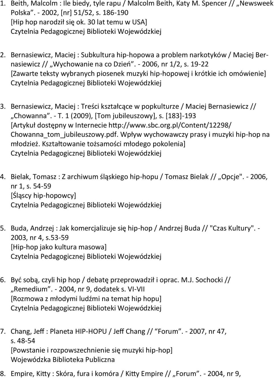 19-22 *Zawarte teksty wybranych piosenek muzyki hip-hopowej i krótkie ich omówienie+ 3. Bernasiewicz, Maciej : Treści kształcące w popkulturze / Maciej Bernasiewicz // Chowanna. - T.