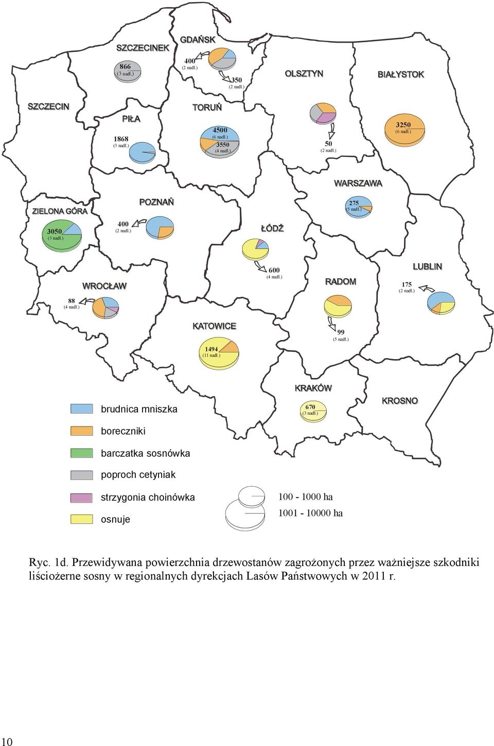 ) boreczniki barczatka sosnówka poproch cetyniak strzygonia choinówka osnuje 100-1000 ha 1001-10000 ha Ryc. 1d.