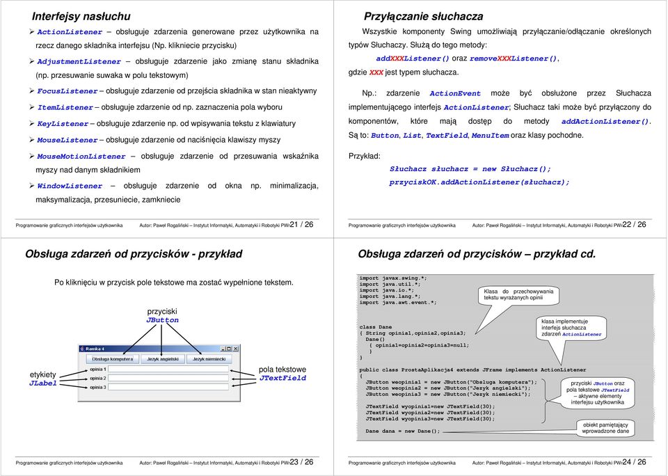 przesuwanie suwaka w polu tekstowym) FocusListener obsługuje zdarzenie od przejścia składnika w stan nieaktywny ItemListener obsługuje zdarzenie od np.