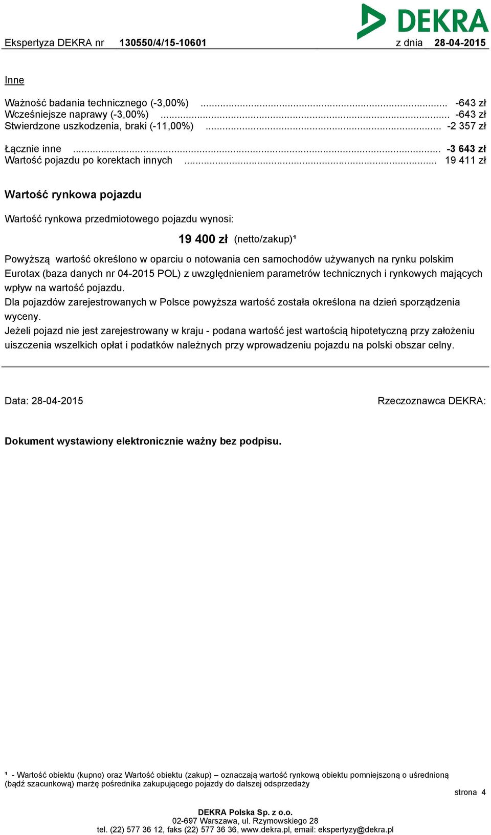 .. 19 411 zł Wartość rynkowa pojazdu Wartość rynkowa przedmiotowego pojazdu wynosi: 19 400 zł (netto/zakup)¹ Powyższą wartość określono w oparciu o notowania cen samochodów używanych na rynku polskim