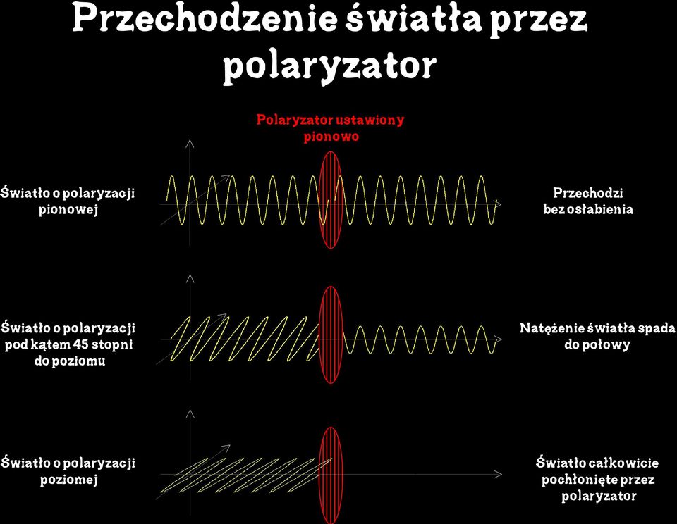 polaryzacji pod kątem 45 stopni do poziomu NatęŜenie światła spada do