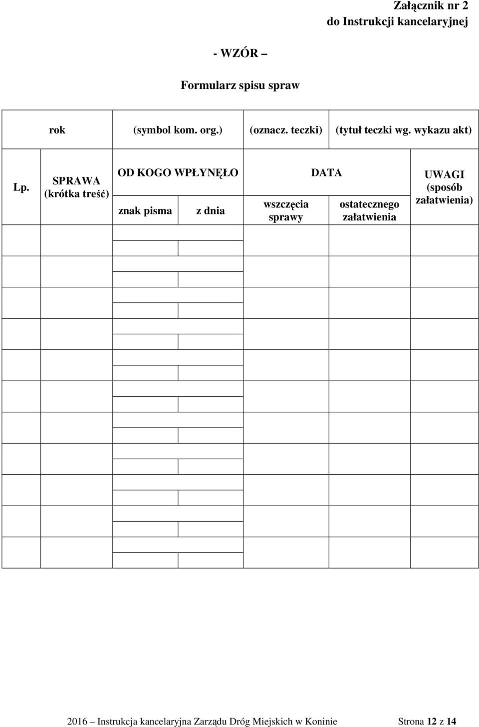 SPRAWA (krótka treść) OD KOGO WPŁYNĘŁO DATA UWAGI (sposób załatwienia) znak pisma z dnia