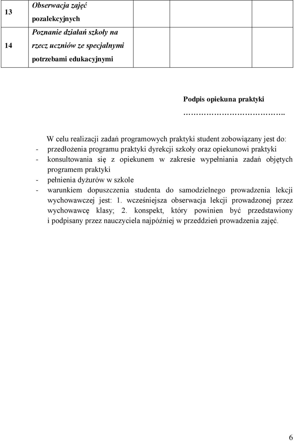 opiekunem w zakresie wypełniania zadań objętych programem praktyki - pełnienia dyżurów w szkole - warunkiem dopuszczenia studenta do samodzielnego prowadzenia lekcji