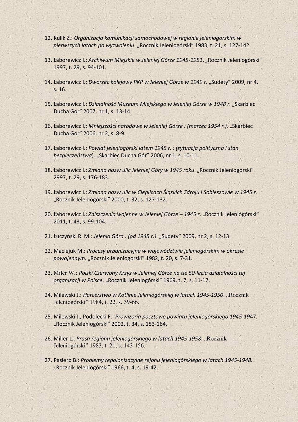 Łaborewicz I.: Działalność Muzeum Miejskiego w Jeleniej Górze w 1948 r. Skarbiec Ducha Gór 2007, nr 1, s. 13-14. 16. Łaborewicz I.: Mniejszości narodowe w Jeleniej Górze : (marzec 1954 r.).