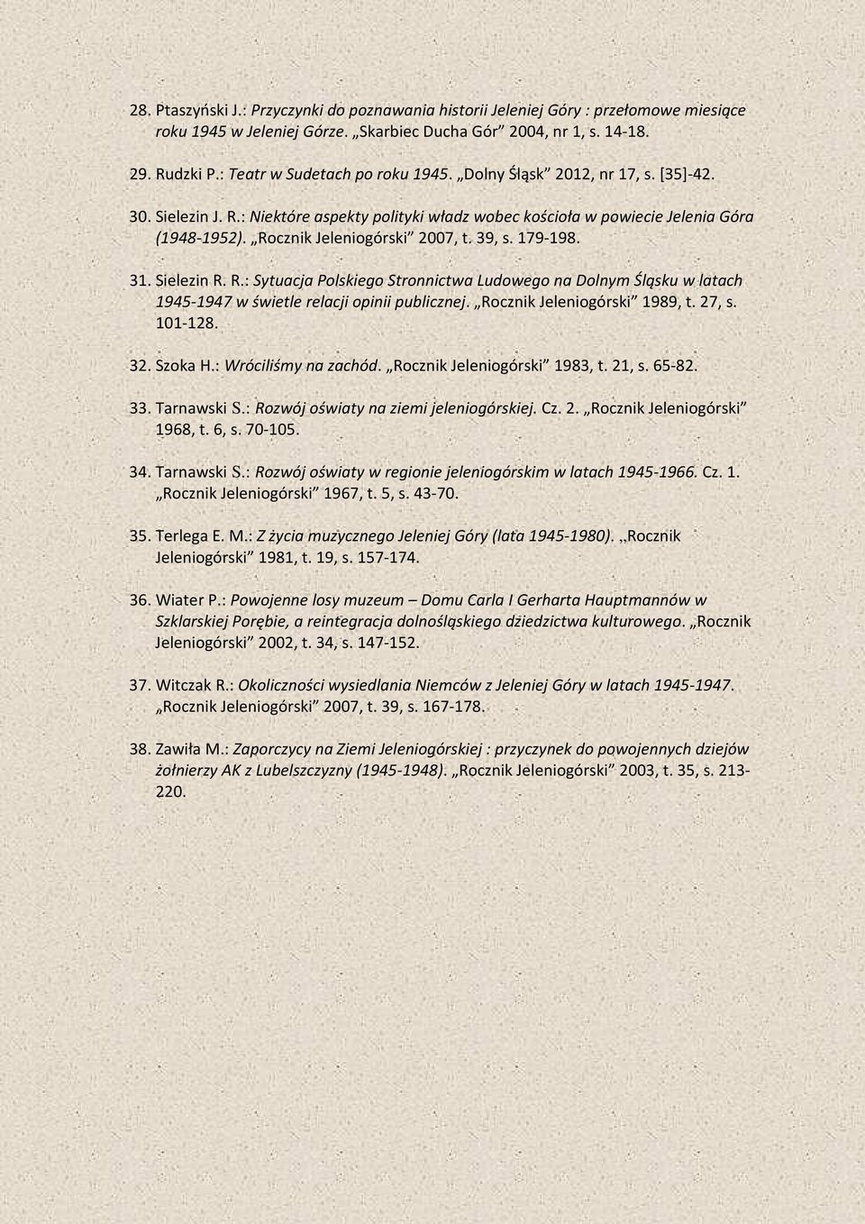 Rocznik Jeleniogórski 2007, t. 39, s. 179-198. 31. Sielezin R. R.: Sytuacja Polskiego Stronnictwa Ludowego na Dolnym Śląsku w latach 1945-1947 w świetle relacji opinii publicznej.