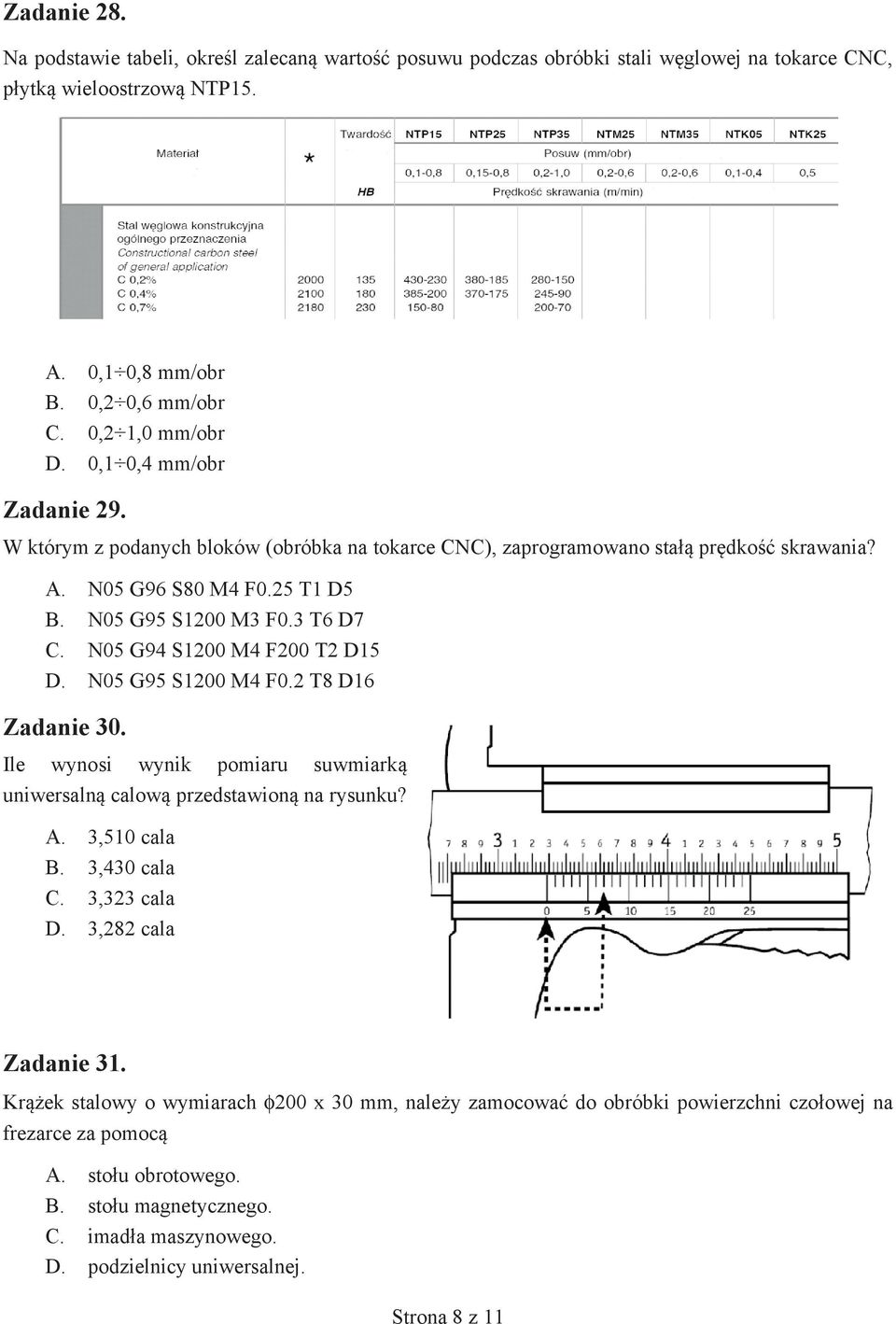 N05 G94 S1200 M4 F200 T2 D15 D. N05 G95 S1200 M4 F0.2 T8 D16 Zadanie 30. Ile wynosi wynik pomiaru suwmiarką uniwersalną calową przedstawioną na rysunku? A. 3,510 cala B. 3,430 cala C. 3,323 cala D.