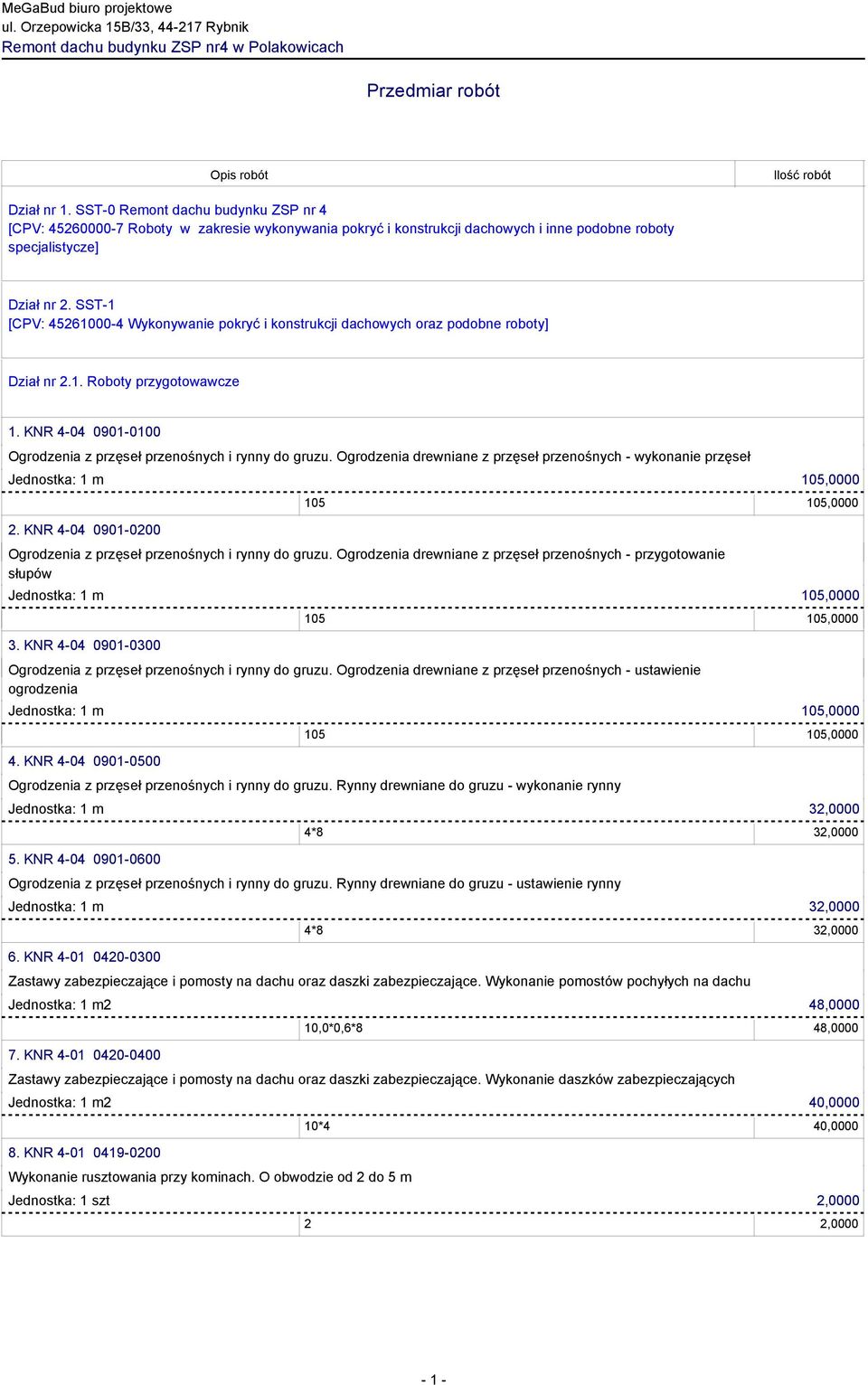 SST-1 [CPV: 45261000-4 Wykonywanie pokryć i konstrukcji dachowych oraz podobne roboty] Dział nr 2.1. Roboty przygotowawcze 1. KNR 4-04 0901-0100 Ogrodzenia z przęseł przenośnych i rynny do gruzu.