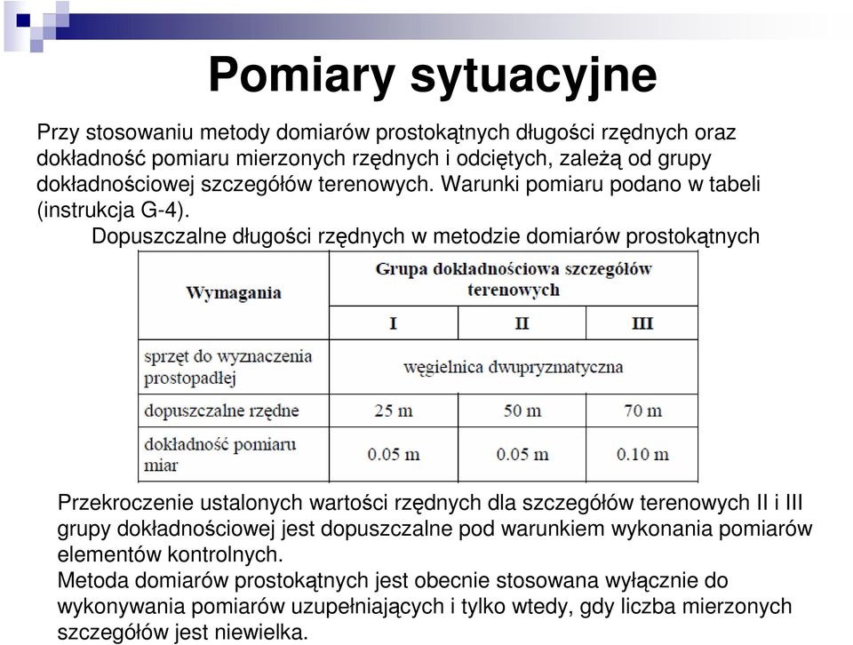 Dopuszczalne długości rzędnych w metodzie domiarów prostokątnych Przekroczenie ustalonych wartości rzędnych dla szczegółów terenowych II i III grupy