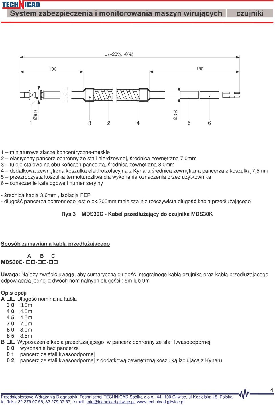 uytkownika 6 oznaczenie katalogowe i numer seryjny - rednica kabla 3,6mm, izolacja FEP - długo pancerza ochronnego jest o ok.300mm mniejsza ni rzeczywista długo kabla przedłuajcego Rys.