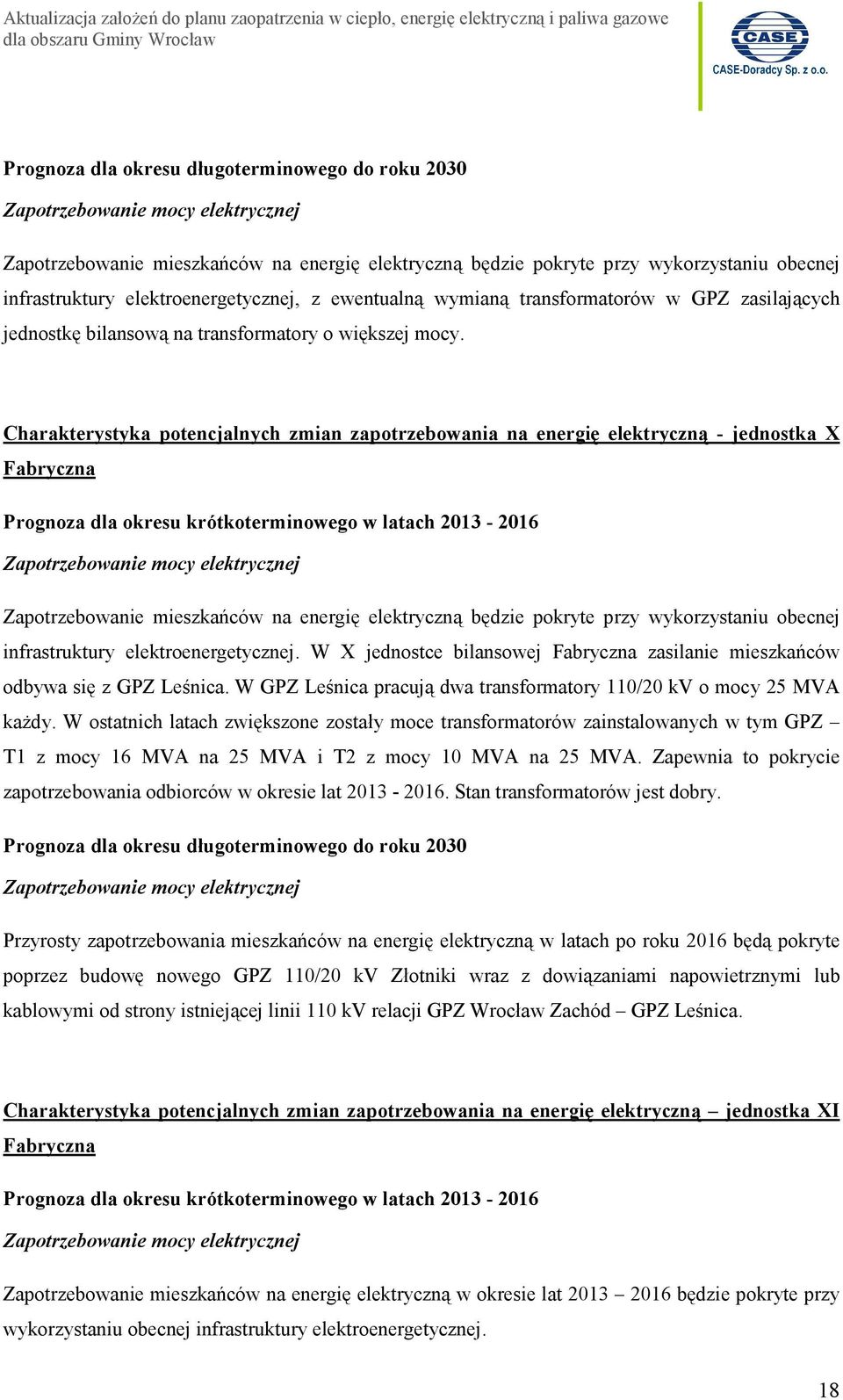 W X jednostce bilansowej Fabryczna zasilanie mieszkańców odbywa się z GPZ Leśnica. W GPZ Leśnica pracują dwa transformatory 110/20 kv o mocy 25 MVA każdy.