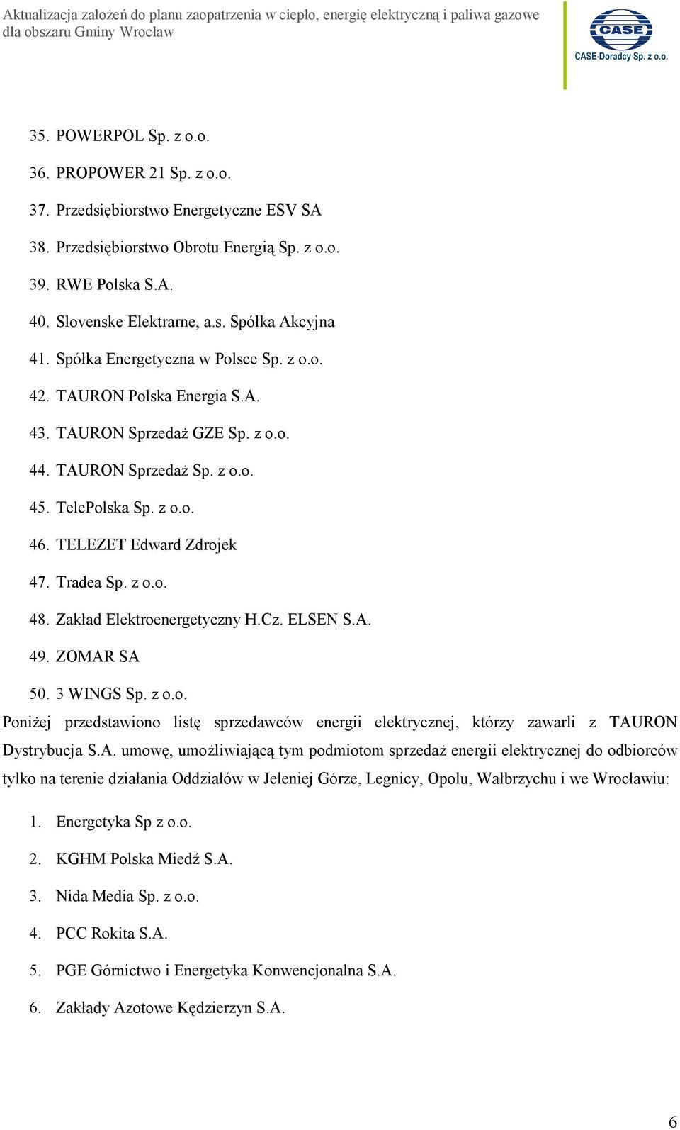 Tradea Sp. z o.o. 48. Zakład Elektroenergetyczny H.Cz. ELSEN S.A. 49. ZOMAR SA 50. 3 WINGS Sp. z o.o. Poniżej przedstawiono listę sprzedawców energii elektrycznej, którzy zawarli z TAURON Dystrybucja S.