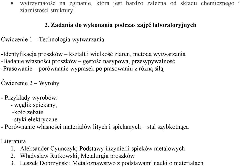 proszków gęstość nasypowa, przesypywalność -Prasowanie porównanie wyprasek po prasowaniu z różną siłą Ćwiczenie 2 Wyroby - Przykłady wyrobów: - węglik spiekany, -koło zębate -styki