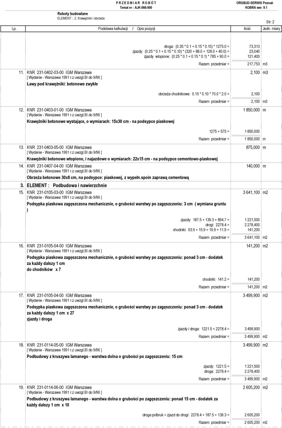 KNR 231-0402-03-00 IGM Warszawa 2,100 m3 Ławy pod krawęŝniki: betonowe zwykłe obrzeŝa chodnikowe: 0.15 * 0.10 * 70.0 * 2.0 = 2,100 Razem przedmiar = 2,100 m3 12.