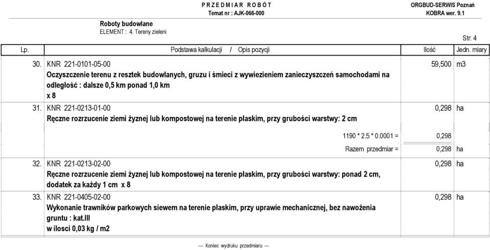 KNR 221-0213-01-00 0,298 ha Ręczne rozrzucenie ziemi Ŝyznej lub kompostowej na terenie płaskim, przy grubości warstwy: 2 cm 1190 * 2.5 * 0.0001 = 0,298 Razem przedmiar = 0,298 ha 32.