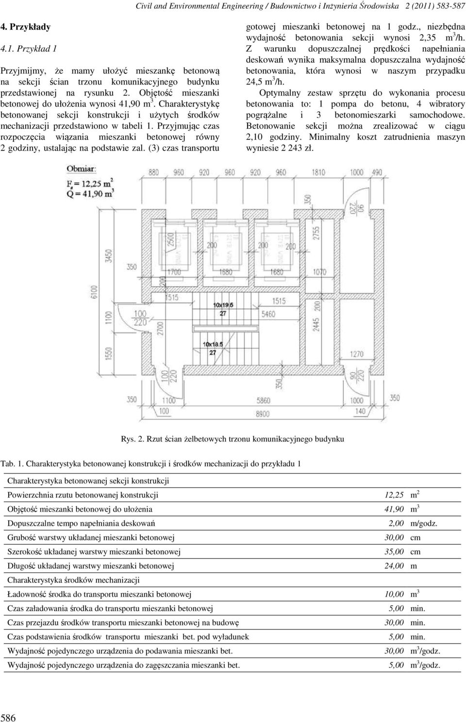 Charakterystykę betonowanej sekcji konstrukcji i użytych środków mechanizacji przedstawiono w tabeli.