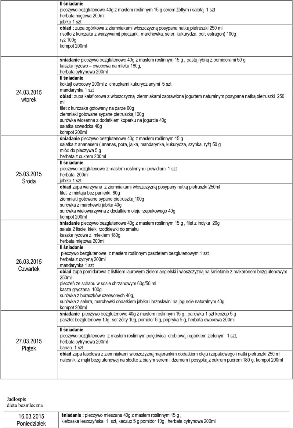 2015 śniadanie pieczywo bezglutenowe 40g z masłem roślinnym 15 g, pastą rybną z pomidorami 50 g kaszka ryżowo owocowa na mleku 180g, herbata cytrynowa 200ml koktajl owocowy 200ml z chrupkami